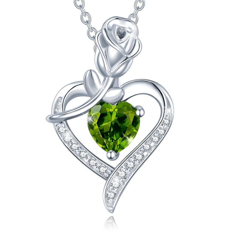 AGVANA August Birthstone Jewelry Peridot Necklace for Women Sterling Silver Rose Flower Heart Pendant Necklace Fine Jewelry Anniversary Birthday Gifts for Women Mom Wife Lady Her - Image 1